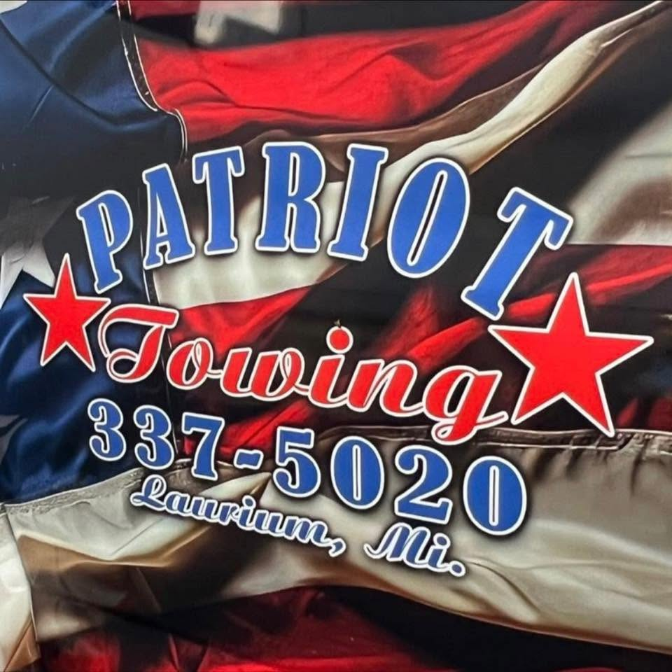 Patriot Towing logo, Laurium, MI, 337-5020, on an American flag